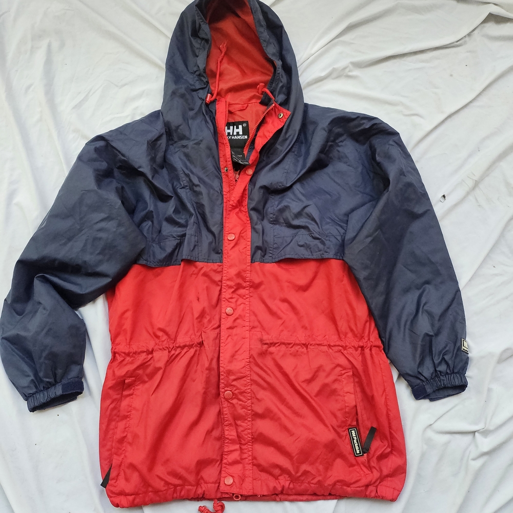 Helly Hansen Jacket Mens Medium Blue Red  Packable Hooded Lightweight Ful Zip